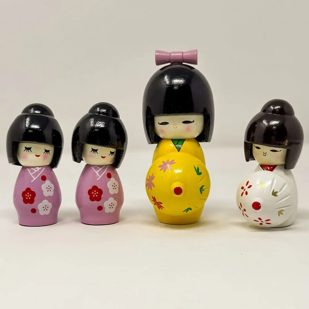 Vintage Kokeshi Dolls Set 4 Ball Jointed Japanese Wooden Cute Decor - Picture 2 of 6